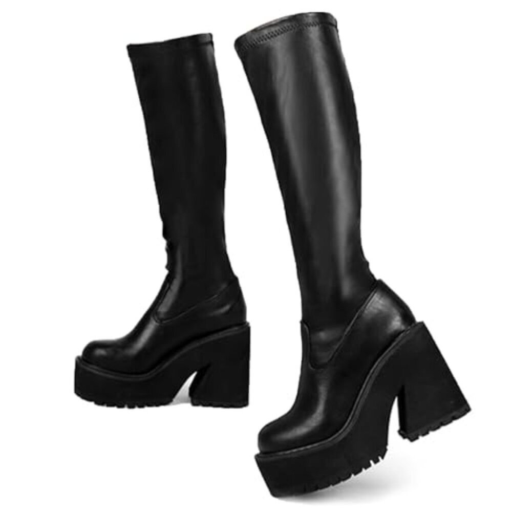 Knee High Platform Combat Boots Elastic Leather Chunky Heel Zipper - Picture 2 of 8